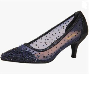 XYD Navy Pointed Toe Slip On Mesh Pumps Rhinestone Studs Kitten Heels Shoes